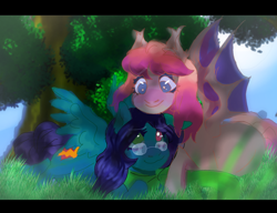 Size: 1200x921 | Tagged: safe, artist:belle_bonni, artist:snekgoesbrrbrr, imported from derpibooru, oc, oc only, oc:willow, oc:xuan mai, bat pony, pegasus, bat pony oc, bat wings, clothes, commission, cute, glasses, grass, happy, scarf, snuggling, tree, wings