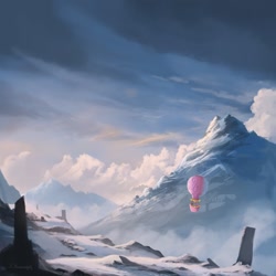 Size: 894x894 | Tagged: safe, alternate version, artist:shamanguli, imported from derpibooru, pony, album cover, cloud, hot air balloon, mountain, ponies at dawn, ruins, scenery, signature, solo