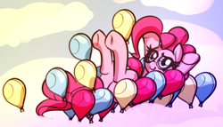 Size: 3890x2220 | Tagged: safe, artist:jetwave, imported from derpibooru, pinkie pie, earth pony, pony, balloon, cloud, floating, high res, hooves up, legs in air, looking at you, lying down, on back, party balloon, solo, that pony sure does love balloons, then watch her balloons lift her up to the sky