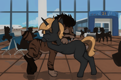 Size: 2403x1600 | Tagged: safe, artist:marsminer, imported from derpibooru, oc, oc only, pony, unicorn, airport, bench, cloud, hug, plane