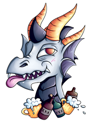 Size: 2616x3524 | Tagged: safe, artist:coco-drillo, imported from derpibooru, oc, oc only, oc:nugget, dragon, beer stein, bust, commission, drunk, fangs, high res, horns, simple background, solo, tongue out, transparent background