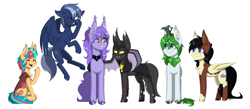 Size: 4096x1793 | Tagged: safe, artist:melodytheartpony, imported from derpibooru, oc, bat pony, changeling, pegasus, unicorn, commission, cute, female, friends, group photo, hug, male, multiple characters, smiling