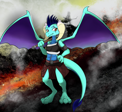 Size: 2616x2386 | Tagged: safe, artist:stardust-pony, imported from derpibooru, oc, dragon, hybrid, barbarian, high res, leather armor, offspring, parent:princess ember, posing for photo, scar, volcano