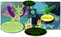 Size: 868x522 | Tagged: safe, artist:dziadek1990, edit, edited screencap, imported from derpibooru, screencap, arista, clypeus, queen chrysalis, soupling, changedling, changeling, fanfic:no to easy solutions, comic, conversation, crystal heart, dialogue, flyswatter, ouch, punishment, requested art, screencap comic, slice of life, text
