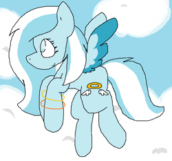 Size: 709x661 | Tagged: safe, artist:dramaostrich, imported from derpibooru, oc, oc only, oc:angle, pegasus, pony, accessories, accessory, cloud, cutie mark, female, flying, sky, solo, two toned mane