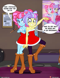 Size: 1500x1942 | Tagged: safe, artist:dieart77, imported from derpibooru, kiwi lollipop, supernova zap, art pack:the postcrush undress, equestria girls, bare shoulders, bedroom eyes, blushing, christmas, clothes, comic, dress, duo, duo female, female, holiday, k-lo, looking at you, panties, patreon, postcrush, sleeveless, smiling, speech bubble, strapless, striptease, su-z, underwear