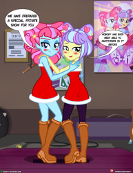 Size: 1500x1942 | Tagged: safe, artist:dieart77, imported from derpibooru, kiwi lollipop, supernova zap, art pack:the postcrush undress, equestria girls, bare shoulders, bedroom eyes, blushing, christmas, clothes, comic, dress, duo, duo female, female, holiday, k-lo, looking at you, panties, patreon, postcrush, sleeveless, smiling, speech bubble, strapless, striptease, su-z, underwear