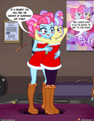 Size: 1500x1942 | Tagged: safe, artist:dieart77, imported from derpibooru, kiwi lollipop, supernova zap, art pack:the postcrush undress, equestria girls, armpits, bare shoulders, bedroom eyes, blushing, christmas, clothes, comic, dress, duo, duo female, female, holiday, k-lo, lip bite, looking at you, panties, patreon, postcrush, sleeveless, smiling, speech bubble, strapless, striptease, su-z, underwear