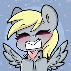 Size: 1500x1500 | Tagged: safe, artist:sakukitty, imported from derpibooru, derpy hooves, pegasus, pony, blushing, bust, cute, derpabetes, eyes closed, female, heart, letter, mare, mouth hold, portrait, solo, spread wings, wings