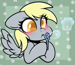 Size: 1500x1299 | Tagged: safe, artist:sakukitty, imported from derpibooru, derpy hooves, pegasus, pony, blowing bubbles, blushing, bubble, bubble wand, bust, colored pupils, cute, derpabetes, female, floppy ears, hoof hold, mare, solo, stars