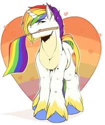 Size: 1351x1600 | Tagged: artist needed, source needed, safe, imported from derpibooru, oc, oc only, pony, unicorn, ear piercing, earring, flag, floating heart, gay pride, gay pride flag, heart, holding a flag, horn, jewelry, looking at you, male, mouth hold, multicolored hair, piercing, pride, pride flag, rainbow hair, smiling, solo, stallion, unshorn fetlocks