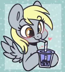 Size: 1352x1500 | Tagged: safe, artist:sakukitty, imported from derpibooru, derpy hooves, pegasus, pony, blushing, bubble tea, bust, cute, derpabetes, drink, drinking, female, heart, hoof hold, mare, smiling, solo, spread wings, stars, straw, wings