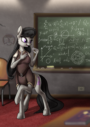 Size: 935x1323 | Tagged: safe, artist:calena, imported from derpibooru, octavia melody, anthro, centaur, taur, anthro centaur, belt, belt buckle, book, centaurified, chair, chalk, chalkboard, classroom, clothes, cutie mark, eraser, hand, math, misleading thumbnail, pentagram, solo, species swap, symbol, symbolism