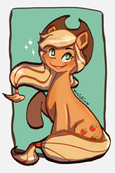 Size: 1200x1800 | Tagged: safe, artist:michinart, imported from derpibooru, applejack, earth pony, pony, cute, female, jackabetes, mare, sitting, smiling, solo