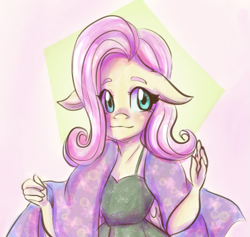 Size: 1029x975 | Tagged: safe, artist:thetalkingwave, imported from derpibooru, fluttershy, anthro, pegasus, blushing, breasts, bust, cleavage, clothes, cute, dress, female, floppy ears, shawl, shyabetes, solo