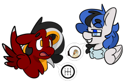 Size: 1792x1200 | Tagged: safe, artist:myahster, imported from derpibooru, oc, oc only, oc:kezzie, oc:margon, pegasus, pony, glasses, inside joke, simple background, speech bubble, transparent background