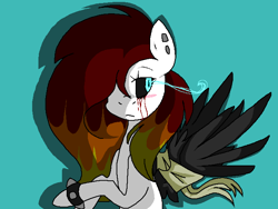 Size: 681x512 | Tagged: safe, artist:dramaostrich, imported from derpibooru, oc, oc only, oc:cleancut, pegasus, pony, bandage, bandaged wing, black sclera, blood, blushing, crying, ear piercing, female, icon, piercing, simple background, solo, spiked wristband, tears of blood, wings, wristband