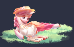 Size: 860x552 | Tagged: safe, artist:drdepper, imported from derpibooru, oc, oc only, pony, unicorn, book, clothes, grass, hat, pink eyes, solo