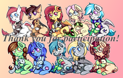 Size: 5610x3591 | Tagged: safe, artist:coco-drillo, imported from derpibooru, oc, oc only, oc:barpy, oc:ciel, oc:delly, oc:ember, oc:kafr, oc:lucky brush, oc:marty (vlník), oc:northern cross, oc:nouth, oc:twizzle peas, dragon, earth pony, jackal, kirin, pegasus, pony, unicorn, braid, braided tail, chest fluff, chibi, clothes, cloven hooves, collar, commission, compilation, donation, ear fluff, earbuds, fangs, glasses, goatie, messy mane, plushie, ponytail, scarf, simple background, sitting, ych result