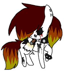 Size: 304x334 | Tagged: safe, artist:dramaostrich, imported from derpibooru, oc, oc only, oc:cleancut, oc:rainbow death, pegasus, pony, bandage, bandaged wing, black sclera, blood, changing, choker, crying, ear piercing, female, implied oc, paint, paintbrush, painting, piercing, simple background, solo, spiked choker, spiked wristband, tears of blood, tricolor mane, white background, wings, wristband