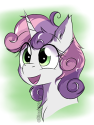 Size: 900x1200 | Tagged: safe, artist:blazyplazy, imported from derpibooru, sweetie belle, pony, unicorn, bust, chest fluff, cute, diasweetes, ear fluff, female, filly, frizzy hair, open mouth, portrait, smiling, solo