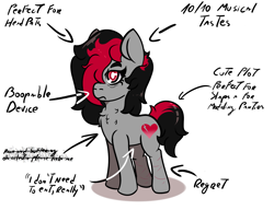 Size: 1300x1000 | Tagged: safe, artist:lazerblues, imported from derpibooru, oc, oc only, oc:miss eri, earth pony, pony, anatomy guide, black and red mane, cut, emo, scar, solo, text, two toned mane