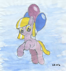 Size: 1024x1102 | Tagged: safe, artist:mraagh, imported from derpibooru, pinkie pie, oc, oc only, oc:maze, earth pony, pony, balloon, bangs, cute, eyes open, female, filly, floating, flying, happy, looking down, multicolor hair, multicolored hair, multicolored mane, painted, party balloon, short mane, short tail, simple background, sky background, smiling, solo, then watch her balloons lift her up to the sky, yellow eyes, yellow mane