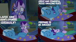 Size: 1280x720 | Tagged: safe, editor:quoterific, imported from derpibooru, starlight glimmer, trixie, road to friendship, collage, hammock, pillow, sleep talking, trixie's wagon