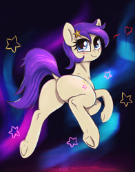 Size: 2350x3000 | Tagged: safe, artist:t72b, imported from derpibooru, star dancer, earth pony, pony, aurora borealis, blushing, butt, floating, hairpin, high res, looking back, plot, raised tail, rear view, sky, solo, space, star dancer appreciation collab, stars, tail