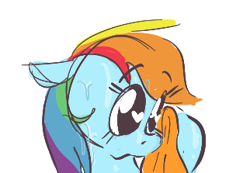 Size: 322x223 | Tagged: safe, artist:hattsy, rainbow dash, pegasus, pony, aggie.io, female, heart eyes, mare, simple background, sketch, solo, sweat, towel, wingding eyes