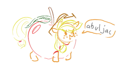 Size: 537x307 | Tagged: safe, artist:hattsy, applejack, earth pony, pony, aggie.io, apple, clothes, costume, dialogue, female, food, freckles, hat, mare, open mouth, simple background, sketch, smiling, solo, speech bubble