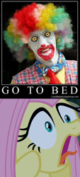 Size: 526x1166 | Tagged: safe, edit, edited screencap, imported from derpibooru, screencap, fluttershy, caption, clown, episode needed, meme, scary, text