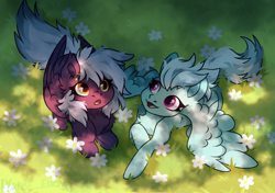 Size: 998x701 | Tagged: safe, artist:lara_kill_craft, imported from derpibooru, fleetfoot, oc, oc:nighty cloud, pegasus, pony, canon x oc, commission, duo, duo female, ear piercing, earring, female, fleetnight, flower, grass, grass field, happy, jewelry, lesbian, open mouth, piercing, ponyloaf, shipping, signature, smiling, spread wings, surprised, tail, wings