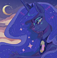 Size: 1320x1359 | Tagged: safe, artist:tinykirin, derpibooru exclusive, imported from derpibooru, princess luna, alicorn, pony, female, horn, mare, moon, sky, solo, stars, wings