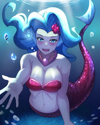 Size: 800x1000 | Tagged: safe, artist:tzc, imported from derpibooru, princess skystar, human, mermaid, my little pony: the movie, anime, belly button, blushing, bra, breasts, busty princess skystar, clothes, ear fins, female, humanized, jewelry, looking at you, mermaidized, necklace, open mouth, solo, species swap, underwater, underwear, water
