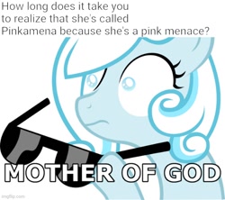 Size: 564x500 | Tagged: safe, edit, edited screencap, editor:professorventurer, imported from derpibooru, imported from ponybooru, screencap, pinkie pie, oc, oc:snowdrop, imgflip, implied pinkie pie, meme, mother of god, pinkamena diane pie, sunglasses, today years