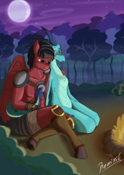 Size: 2480x3508 | Tagged: safe, artist:reminic, imported from derpibooru, princess ember, oc, anthro, dragon, unguligrade anthro, anthro oc, campfire, cannon x oc, canon x oc, commission, couple, cute couple, dragoness, duo, female, fire, fireplace, forest, high res, hug, night, night sky, shipping, sky