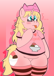 Size: 1416x1985 | Tagged: safe, artist:icecreamjaxxie, imported from derpibooru, oc, oc only, oc:mille feuille, pony, semi-anthro, unicorn, :p, beanie, blushing, butt freckles, chubby, clothes, comic sans, female, food, freckles, glasses, hat, horn, ice cream, shirt, socks, solo, striped socks, thigh squish, thighs, thunder thighs, tongue out, unicorn oc