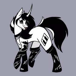 Size: 2048x2048 | Tagged: safe, artist:lunathemoongod, imported from derpibooru, oc, oc only, pony, unicorn, black and white, clothes, collar, forked tongue, grayscale, high res, makeup, monochrome, piercing, simple background, sketch, socks, solo, tattoo, torn clothes, torn ear, torn socks
