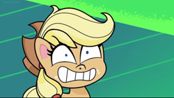 Size: 2048x1155 | Tagged: safe, imported from derpibooru, screencap, applejack, earth pony, pony, my little pony: pony life, spoiler:pony life s02e26, applejack's hat, cowboy hat, cringing, deck, female, g4.5, gritted teeth, hat, journey to the center of the 'cord, mare, nervous, pony life, solo
