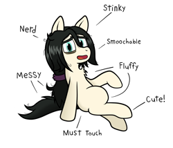 Size: 1084x929 | Tagged: safe, artist:scraggleman, imported from derpibooru, oc, oc only, oc:floor bored, earth pony, pony, anatomy guide, messy mane, messy tail, nerd pony, open mouth, simple background, sitting, smiling, solo, text, white background