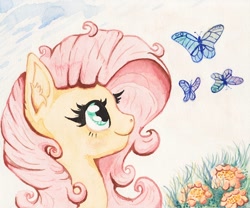 Size: 1200x1000 | Tagged: safe, artist:nedemai, imported from derpibooru, fluttershy, butterfly, pegasus, pony, cute, female, flower, fluttershy day, mare, shyabetes, solo, traditional art, watercolor painting