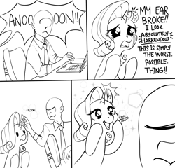 Size: 3640x3496 | Tagged: safe, artist:taytinabelle, imported from derpibooru, rarity, oc, oc:anon, human, pony, unicorn, adorable distress, behaving like a cat, black and white, chair, comic, computer, crying, cute, desk, dialogue, ear fluff, eye clipping through hair, female, funny, grayscale, grumpy, happy, high res, laptop computer, mare, marshmelodrama, meme, monochrome, necktie, office chair, ponified meme, rarara, raribetes, rarity being rarity, silly, silly pony, smiling, text, the worst possible thing