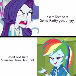 Size: 2289x2289 | Tagged: safe, imported from derpibooru, rainbow dash, rarity, equestria girls, equestria girls series, holidays unwrapped, rollercoaster of friendship, spoiler:eqg series (season 2), angry, bedroom eyes, duo, female, furious, geode of shielding, geode of super speed, high res, implied sunset shimmer, lidded eyes, magical geodes, meme, meme template, open mouth, rage, rarirage