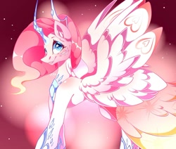 Size: 1080x915 | Tagged: safe, artist:tessa_key_, imported from derpibooru, princess cadance, alicorn, pony, alternate design, eyelashes, female, horn, mare, signature, smiling, solo, wings