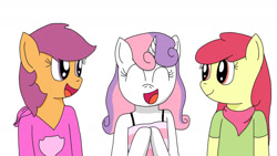 Size: 1280x720 | Tagged: safe, artist:fruiitypieq, artist:shycookieq, imported from derpibooru, apple bloom, scootaloo, sweetie belle, anthro, earth pony, pegasus, unicorn, bust, clothes, cutie mark crusaders, eyes closed, female, horn, simple background, smiling, white background