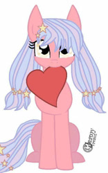 Size: 460x738 | Tagged: safe, artist:fruiitypieq, artist:shycookieq, imported from derpibooru, oc, oc only, earth pony, pony, base used, earth pony oc, eyelashes, female, heart, heart pillow, mare, mouth hold, pillow, signature, simple background, solo, white background
