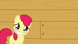 Size: 1280x720 | Tagged: safe, edit, edited screencap, editor:slayerbvc, imported from derpibooru, screencap, apple bloom, earth pony, pony, one bad apple, accessory-less edit, blushing, female, filly, grin, missing accessory, smiling, solo