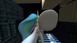 Size: 1024x576 | Tagged: safe, artist:gmodpon-e, edit, imported from derpibooru, princess celestia, alicorn, pony, 3d, building, city, female, giantlestia, gmod, hoof focus, imminent crushing, it's coming right at us, macro, mare, micro, missing accesory, missing accessory, night, offscreen character, pov, smiling, solo, stars, underhoof