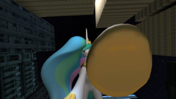 Size: 1024x576 | Tagged: safe, artist:gmodpon-e, imported from derpibooru, princess celestia, alicorn, pony, 3d, city, crush fetish, female, fetish, from below, giantlestia, gmod, hoof fetish, hoof focus, hoof shoe, imminent crushing, macro, mare, night, offscreen character, pov, smiling, solo, stars, underhoof